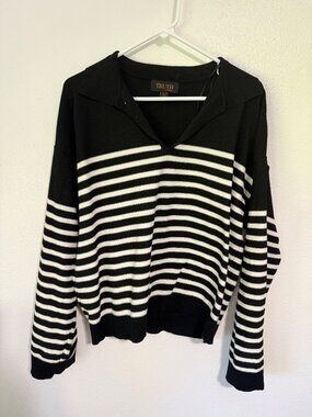Truth by Republic Sweater French Stripe V Neck Polo Collar Black White XL